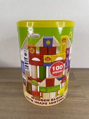 First Learning 100pc Wooden Blocks Set Shape Sorting Lid Toddler Educational Toy